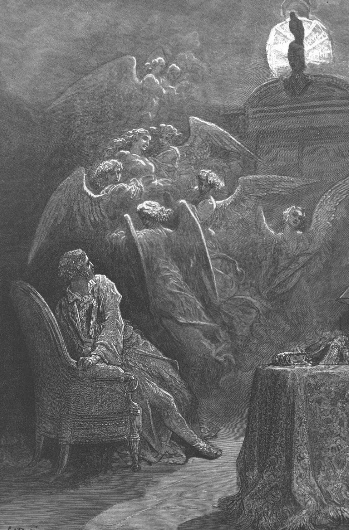 Engraving of a man seated beneath a raven perched on a bust, with angels drifting behind