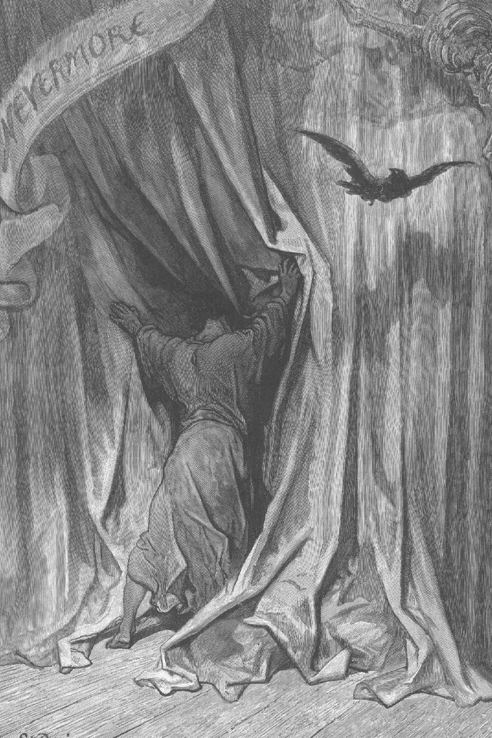 Engraving of a raven flying through heavy curtains in a dim room