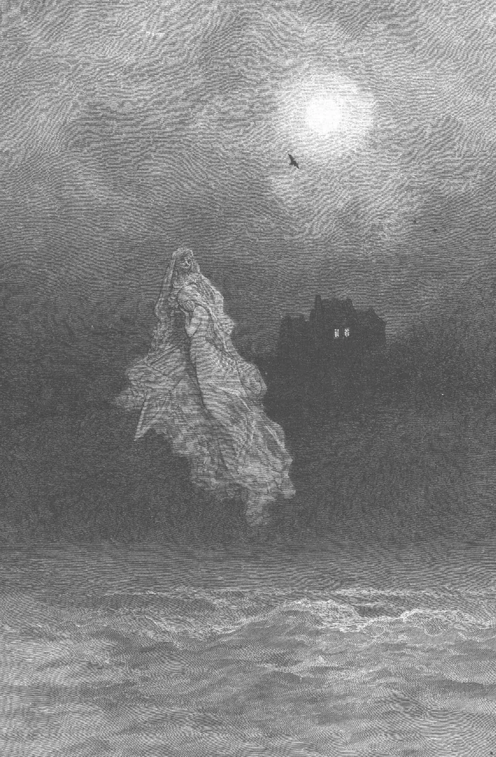 Engraving of a pale ghostly figure drifting over a dark sea under the moon