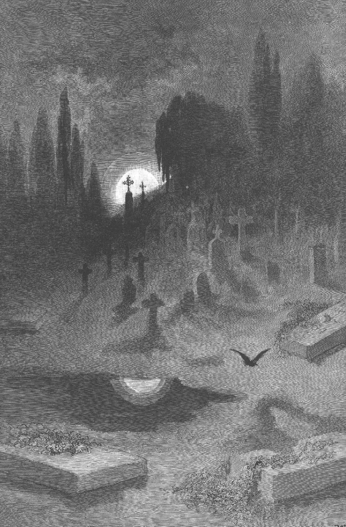 Engraving of a moonlit graveyard with a raven flying low over the graves