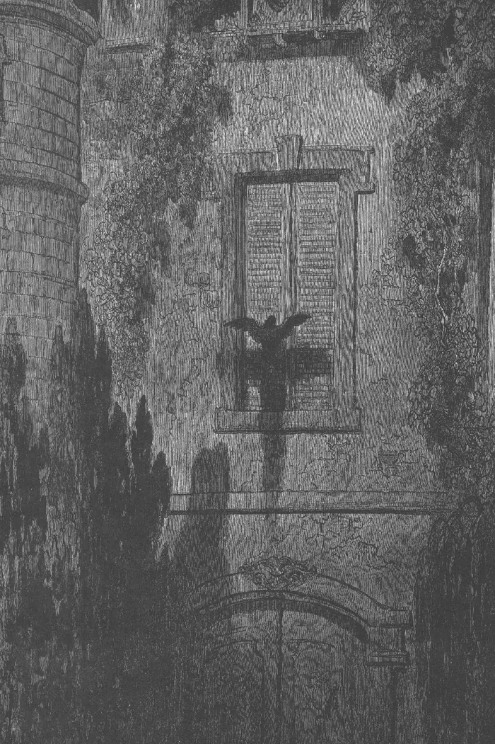 Engraving of a dark winged shape against an ivy covered stone wall
